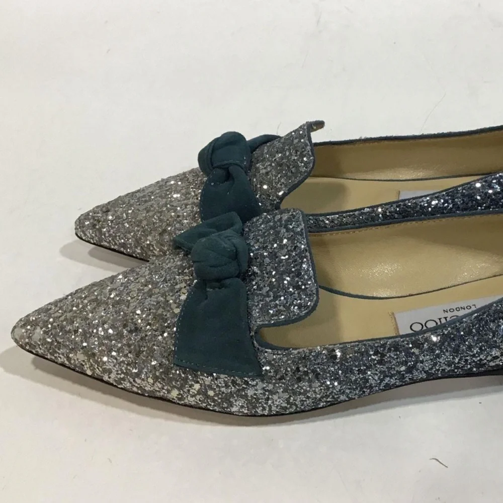 Women’s Jimmy Choo Silver Glitter Bow Loafers Slip On Flats Size 37.5